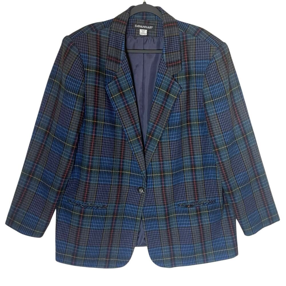 VTG Savannah Wool Blend SZ 20 Tartan Plaid Navy Blazer Jacket 80s Dark Academia